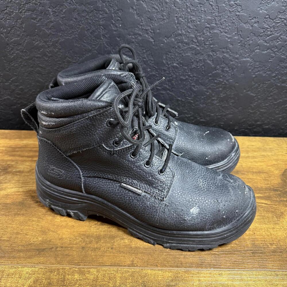 Skechers Work Burgan 77143W Black Leather‎ Steel Toe Work Boots Mens 11.5 Wide